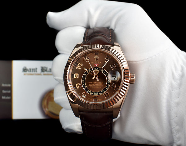 ROLEX 42mm 18kt Rose Gold Sky Dweller Chocolate Arabic Dial Model 326135