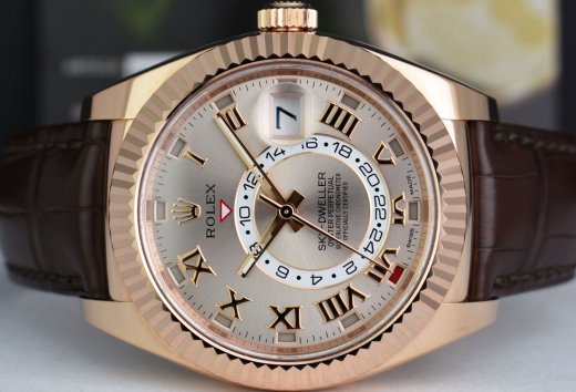 ROLEX 18kt Rose Gold Sky Dweller Silver Sunray Roman Dial Model 326135