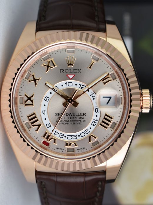 ROLEX 18kt Rose Gold Sky Dweller Silver Sunray Roman Dial Model 326135