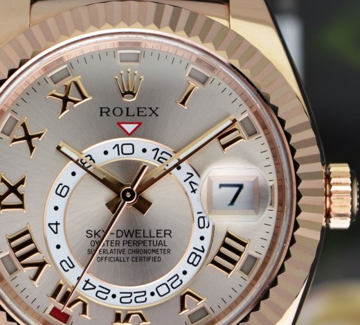 ROLEX 18kt Rose Gold Sky Dweller Silver Sunray Roman Dial Model 326135