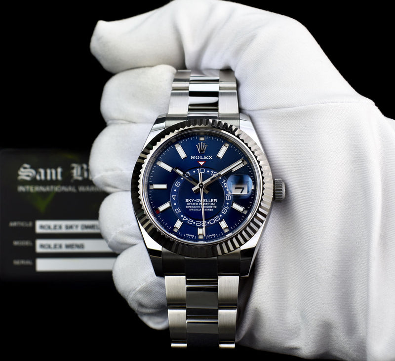 ROLEX 42mm 18kt White Gold & Stainless Steel Sky Dweller Blue Index Dial Model 326934