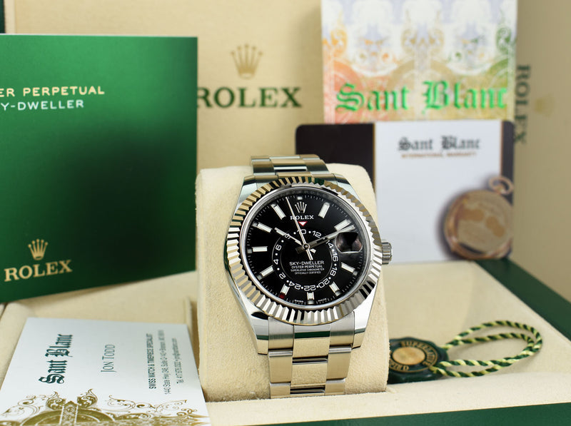 ROLEX 42mm White Gold & Stainless Sky Dweller Black Index Dial Card Model 326934