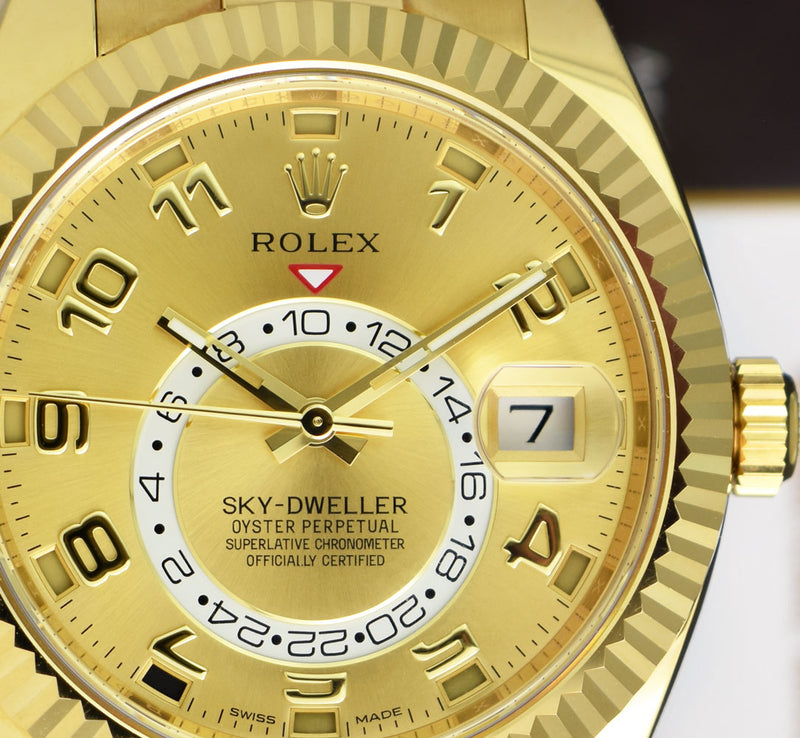 ROLEX 18kt Gold Sky Dweller Champagne Arabic Dial Model 326938