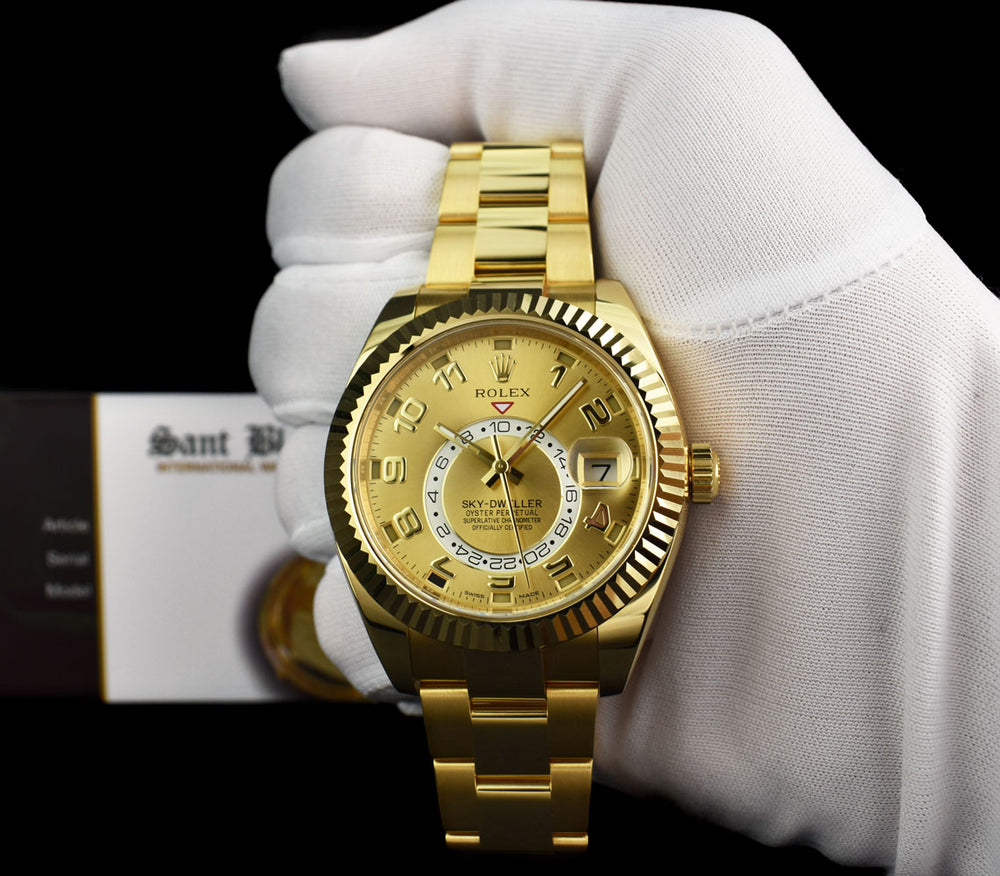 ROLEX 18kt Gold Sky Dweller Champagne Arabic Dial Model 326938