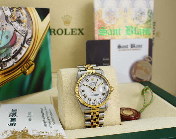 ROLEX Midsize 18kt Gold & Stainless Steel Datejust White Roman Dial Model 68273
