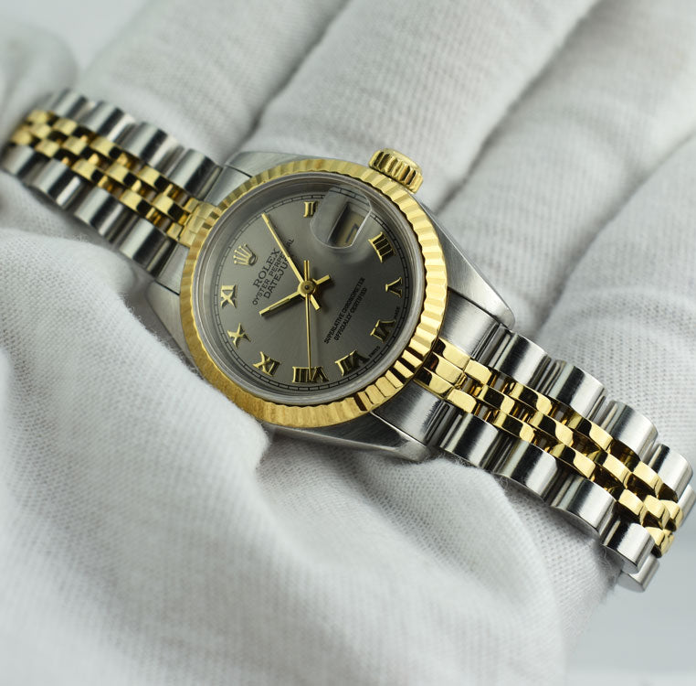 ROLEX Ladies 26mm 18kt Yellow Gold & Stainless Steel DateJust Silver Roman Dial Model 69173