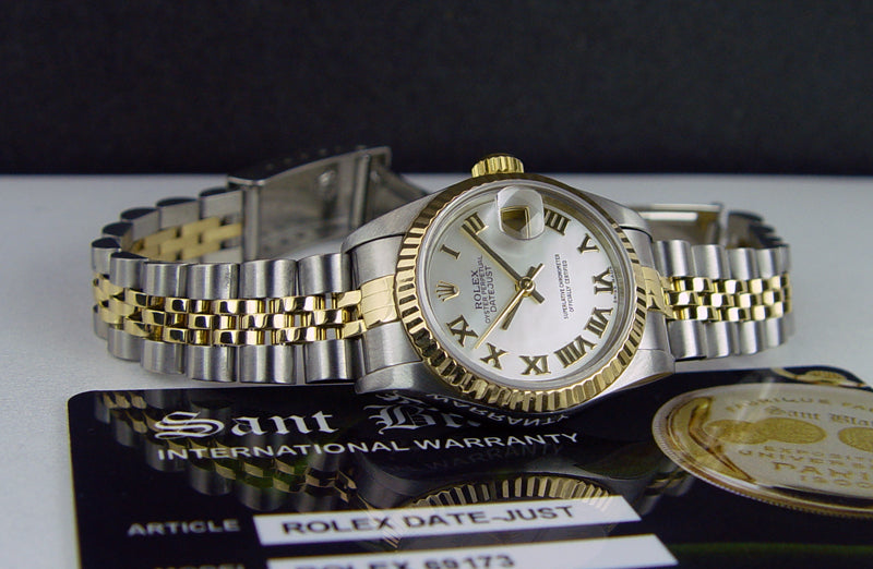 ROLEX Ladies 26mm 18kt Gold & Stainless Steel Ladies DateJust Mother of Pearl Roman Dial Model 69173
