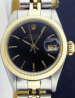 ROLEX Ladies 26mm 18kt Gold & Stainless Steel DateJust Black Stick Dial Model 69173