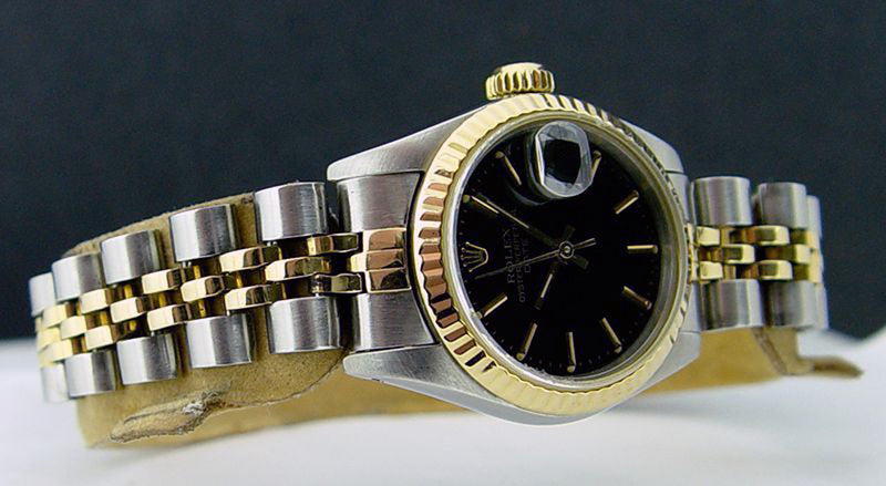 ROLEX Ladies 26mm 18kt Gold & Stainless Steel DateJust Black Stick Dial Model 69173
