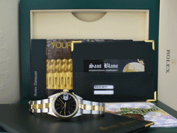 ROLEX Ladies 26mm 18kt Gold & Stainless Steel DateJust Black Tapestry Stick Dial Model 69173