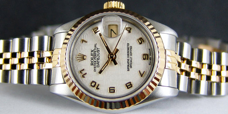 ROLEX 18kt Gold & Stainless Steel Ladies DateJust White Jubilee Arabic Dial Model 69173
