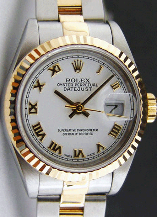 ROLEX 26mm 18kt Gold & Stainless Steel Ladies DateJust White Roman Dial Model 69173