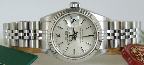 ROLEX Ladies 26mm 18kt White Gold & Stainless Steel DateJust Silver Stick Model 69174