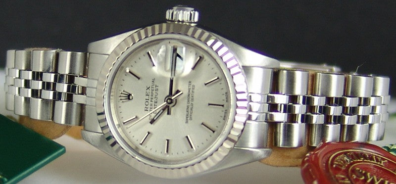 ROLEX Ladies 26mm 18kt White Gold & Stainless Steel DateJust Silver Stick Model 69174