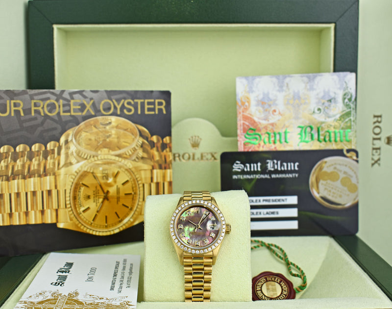 ROLEX Ladies 26mm 18kt Gold President Datejust 26 MOP Diamond Dial Diamond Bezel Model 69138