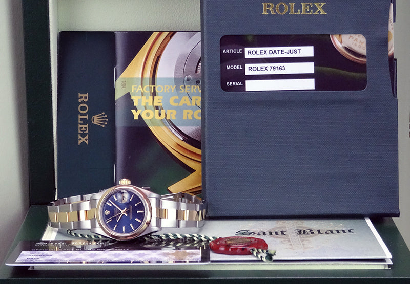 ROLEX Ladies 26mm 18kt Gold & Stainless Steel DateJust Blue Stick Dial Model 79163