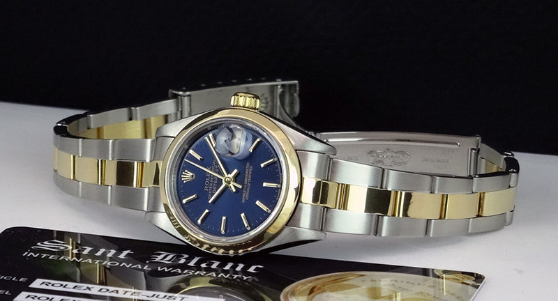 ROLEX Ladies 26mm 18kt Gold & Stainless Steel DateJust Blue Stick Dial Model 79163