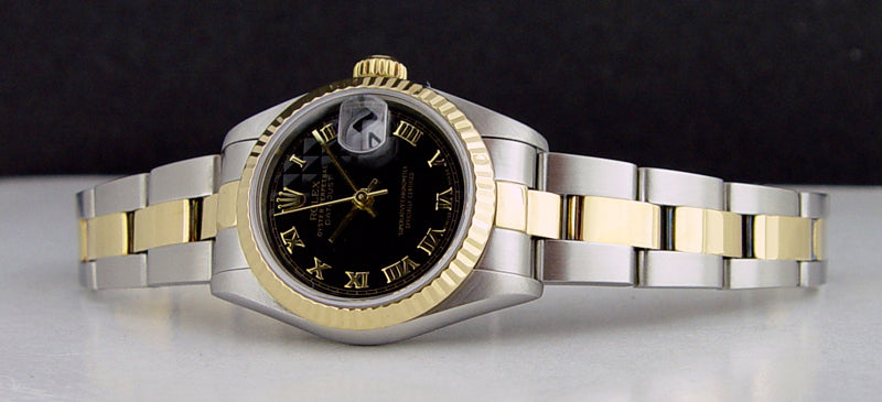 ROLEX Ladies 18kt Gold & Stainless Steel DateJust Black Pyramid Roman Dial Model 79173