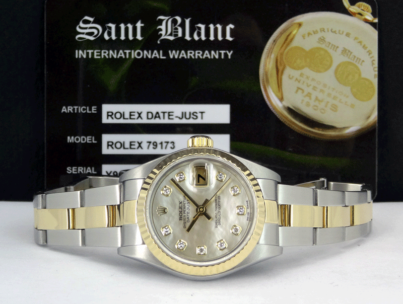 ROLEX Ladies 26mm 18kt Gold & Stainless DateJust Mother of Pearl Diamond Dial Model 79173