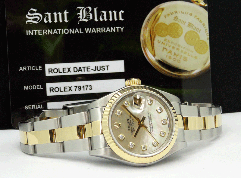 ROLEX Ladies 26mm 18kt Gold & Stainless DateJust Mother of Pearl Diamond Dial Model 79173