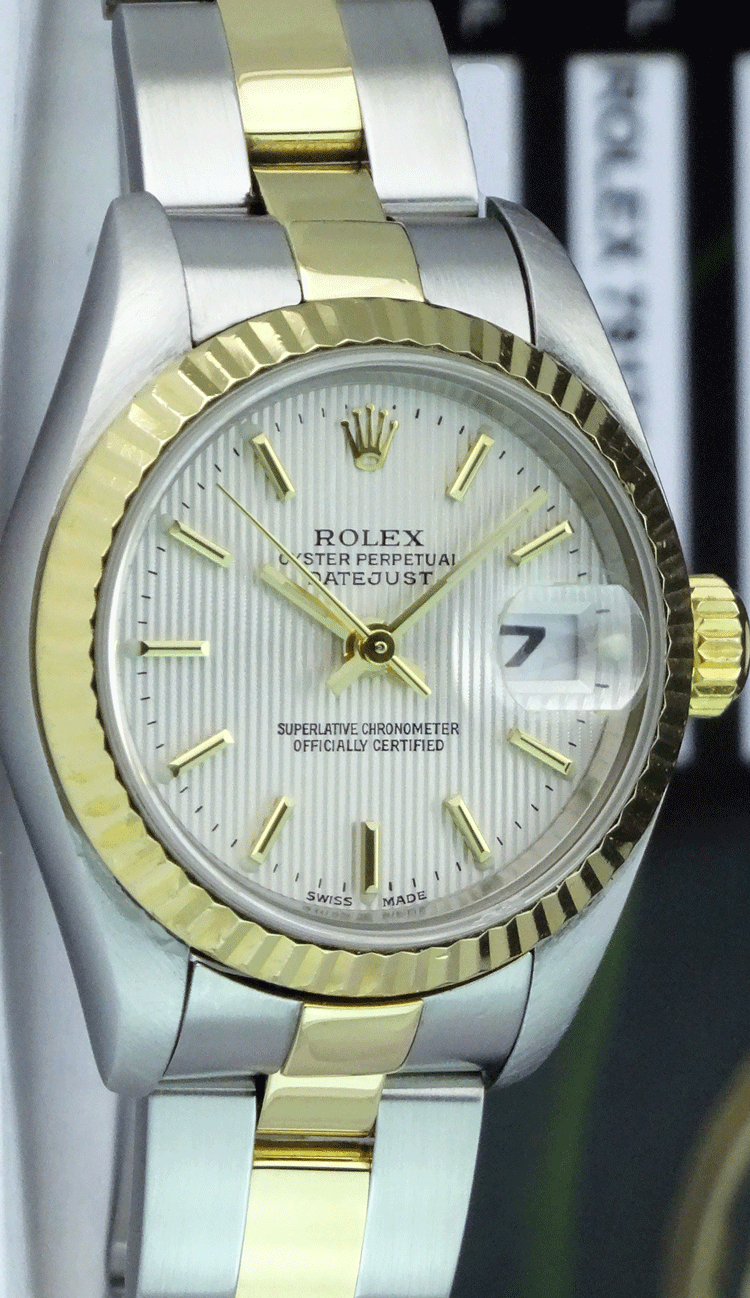 ROLEX Ladies 26mm 18kt Gold & Stainless DateJust Silver Tapestry Stick Dial Model 79173