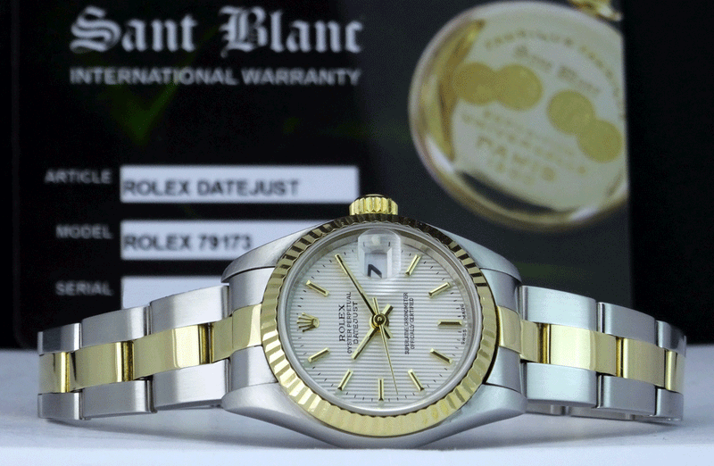 ROLEX Ladies 26mm 18kt Gold & Stainless DateJust Silver Tapestry Stick Dial Model 79173