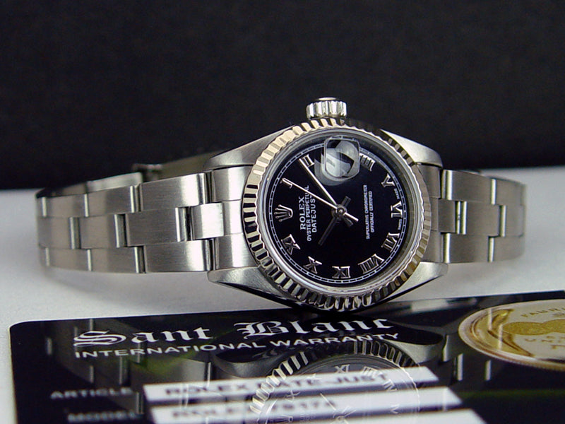 ROLEX 26mm Ladies 18kt White Gold & Stainless Steel DateJust Black Roman Dial Model 79174