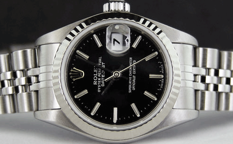 ROLEX Ladies 26mm 18kt White Gold & Stainless Steel Datejust Black Stick Dial Model 79174