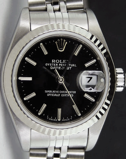 ROLEX Ladies 26mm 18kt White Gold & Stainless Steel Datejust Black Stick Dial Model 79174