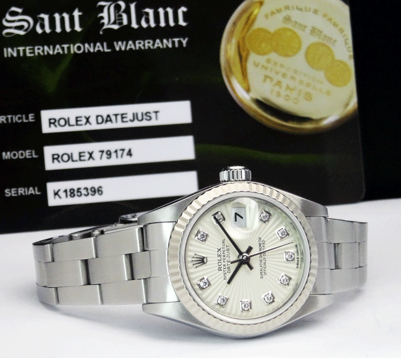 ROLEX Ladies 26mm 18kt White Stainless Steel DateJust Silver Sunbeam Diamond Dial Model 79174