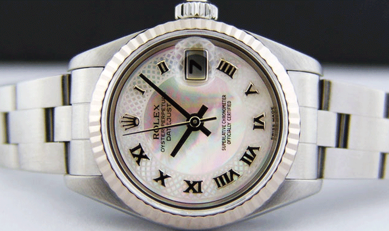 ROLEX Ladies 26mm 18kt White Gold & Stainless Steel DateJust MOP Deco Roman Dial Model 79174