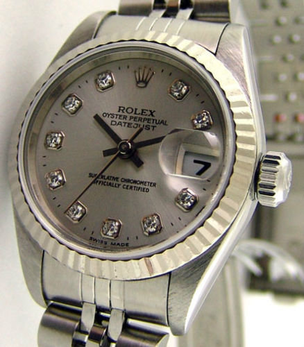 ROLEX Ladies 18kt White Gold & Stainless Steel DateJust Silver Diamond Dial Model 79174