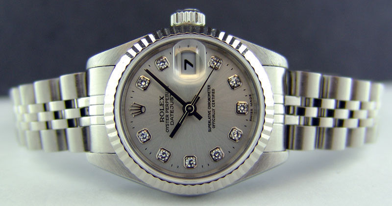 ROLEX Ladies 18kt White Gold & Stainless Steel DateJust Silver Diamond Dial Model 79174