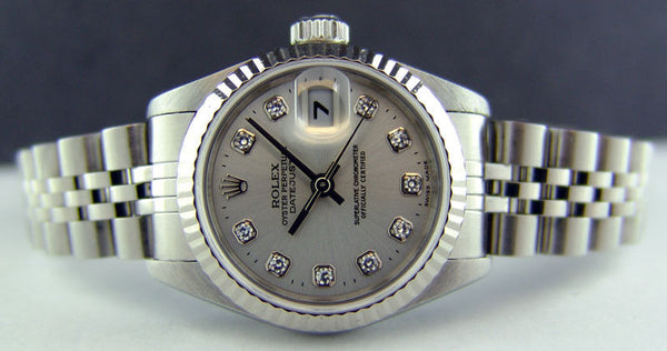 ROLEX Ladies 18kt White Gold & Stainless Steel DateJust Silver Diamond Dial Model 79174