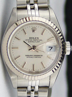 ROLEX Ladies 26mm 18kt White Gold & Stainless Steel Datejust Silver Stick Dial Model 79174