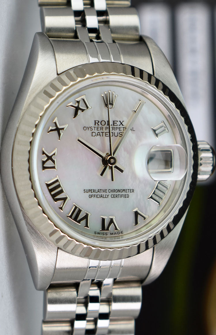 ROLEX Ladies 18kt White Gold & Stainless Steel DateJust MOP Roman Dial Model 79174