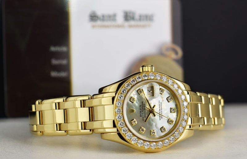 ROLEX Ladies 29mm 18kt Gold PearlMaster Masterpiece White MOP Diamond Dial Model 80298