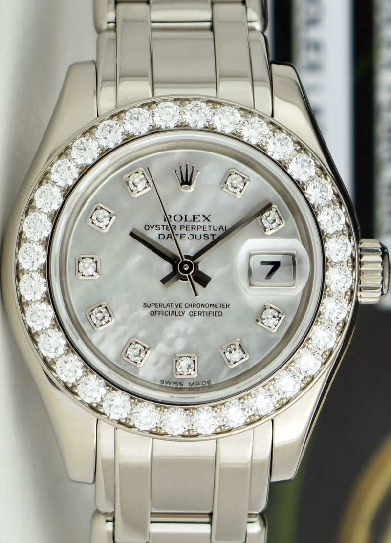 ROLEX Ladies 29mm 18kt White Gold Pearlmaster Masterpiece White MOP Diamond Dial Model 80299