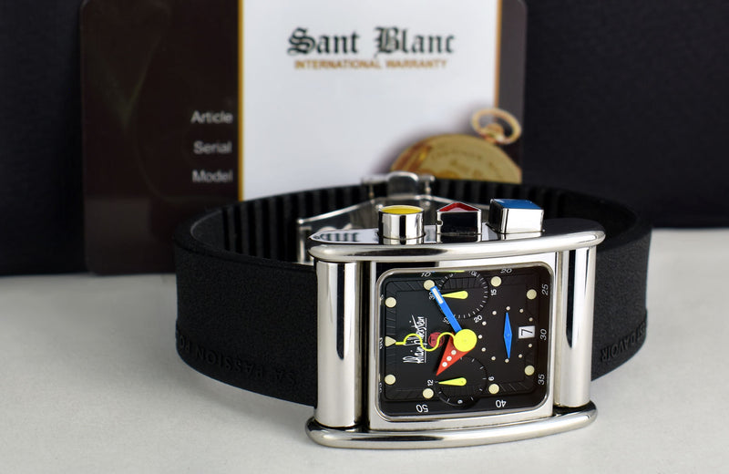 ALAIN SILBERSTEIN 48mm Stainless Steel Bolido Krono Black Dial Leather Straps Box & Card