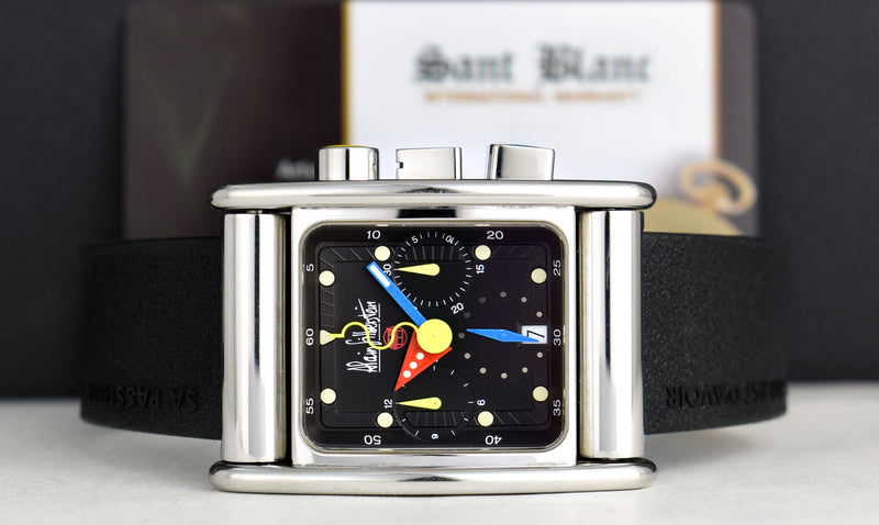ALAIN SILBERSTEIN 48mm Stainless Steel Bolido Krono Black Dial Leather Straps Box & Card