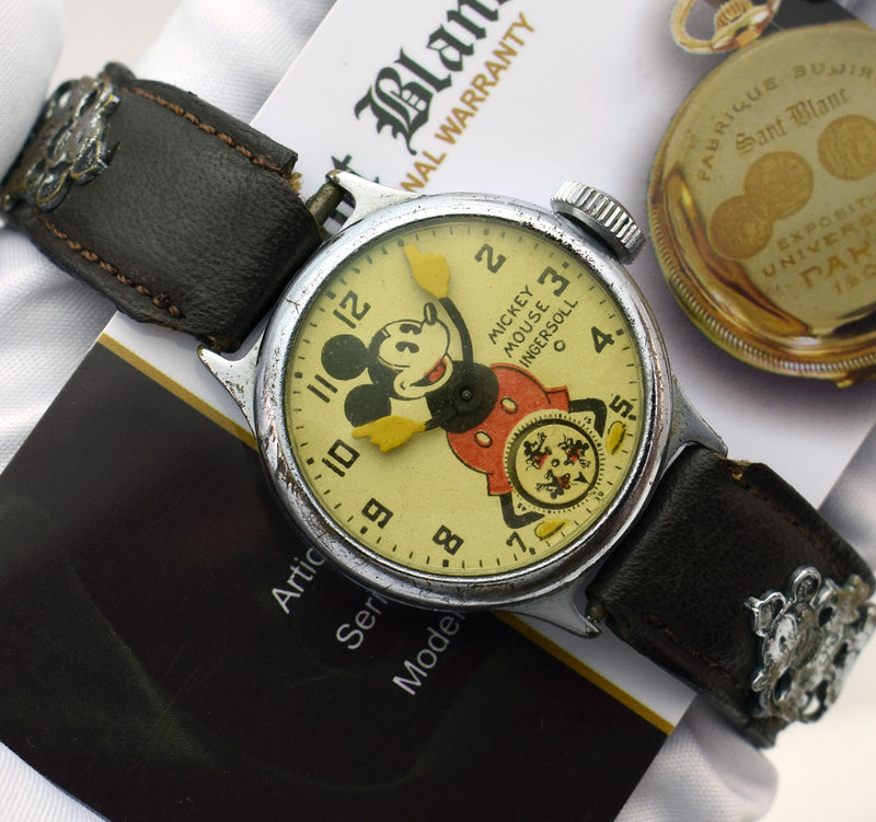 WALT DISNEY INGERSOLL 31mm Chrome Plated Mickey Mouse Watch on Leather Strap