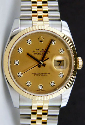 ROLEX 18kt Gold & Stainless Steel 36mm DateJust Champagne Diamond Model 116233