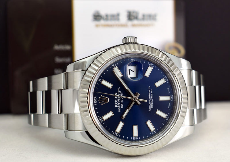 ROLEX 41mm White Gold & Stainless Steel DateJust II Blue Index Dial Model 116334
