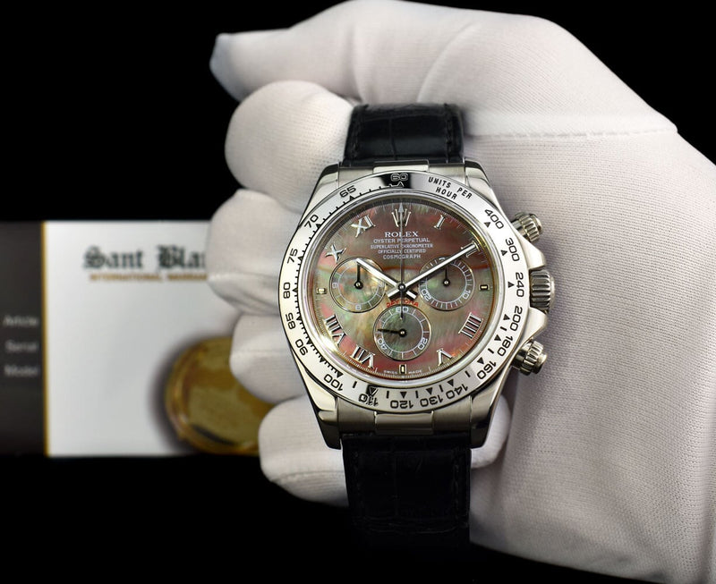 ROLEX White Gold Daytona Tahitian Mother of Pearl Roman Black Crocodile Model 116519