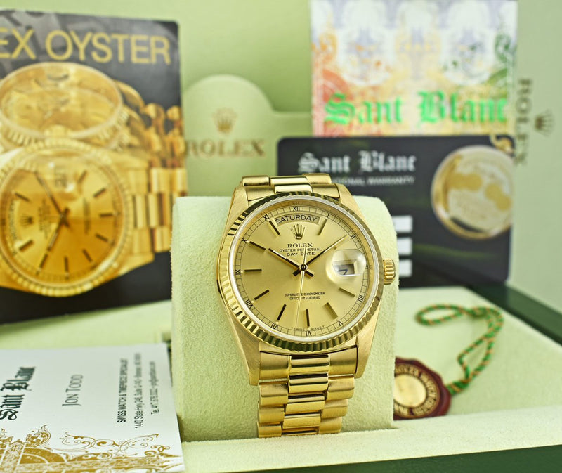 ROLEX 36mm 18kt Gold Day Date President Champagne Stick Dial Model 18038
