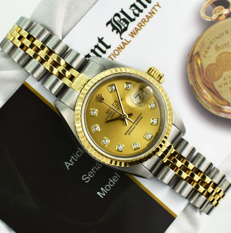 ROLEX Ladies 18kt Gold & Stainless Datejust Champagne Diamond Dial Model 69173