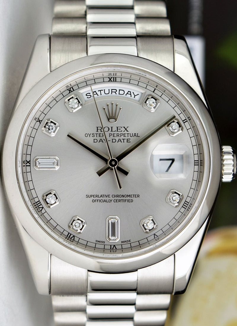 ROLEX - Day Date 36 Platinum President Silver Diamond Fat Buckle Model 118206