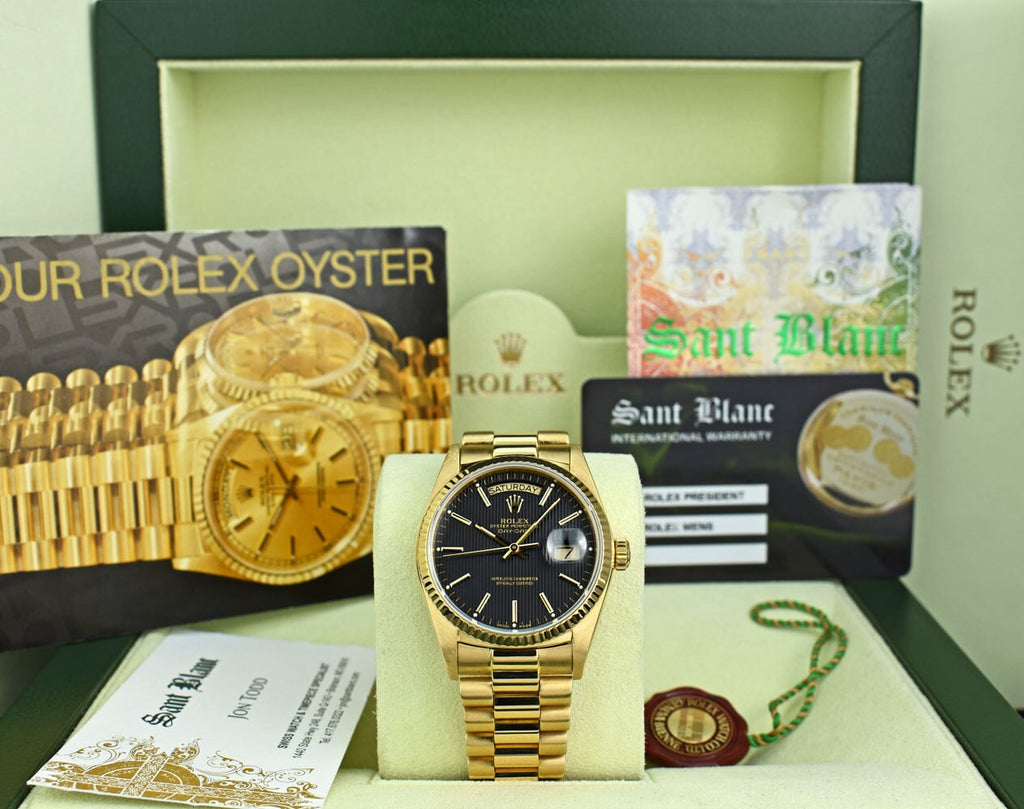 ROLEX Mens 18kt Gold Day Date President Black Tapestry Stick Dial