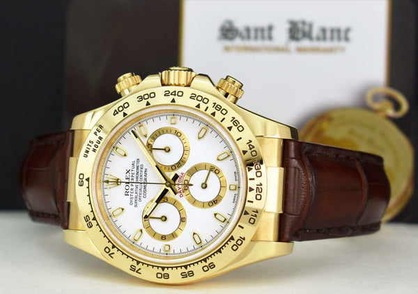 ROLEX 40mm 18kt Gold Daytona Leather Strap White Index Dial Model 1165 ...