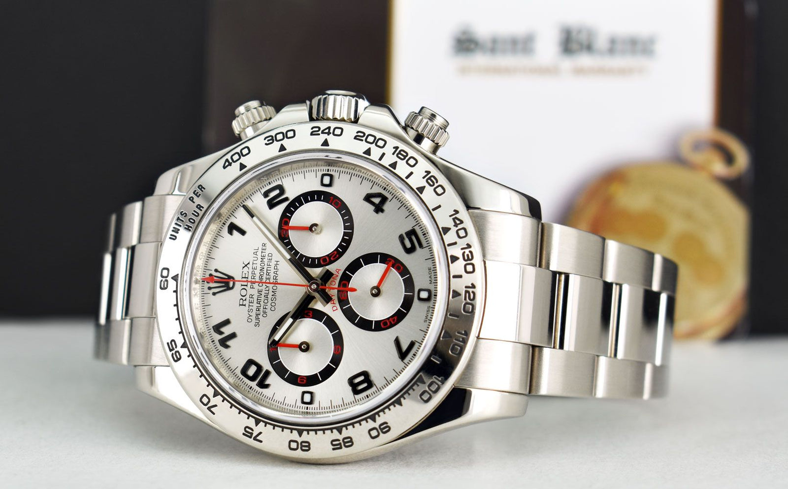 ROLEX 40mm 18kt White Gold Daytona Silver Arabic Race Dial Model 11650 Sant Blanc